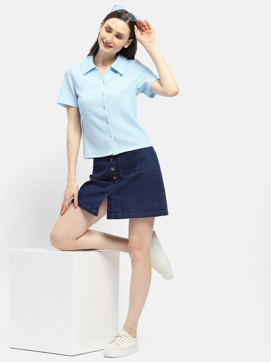 Madame Textured Sky Blue Half Sleeve Shirt