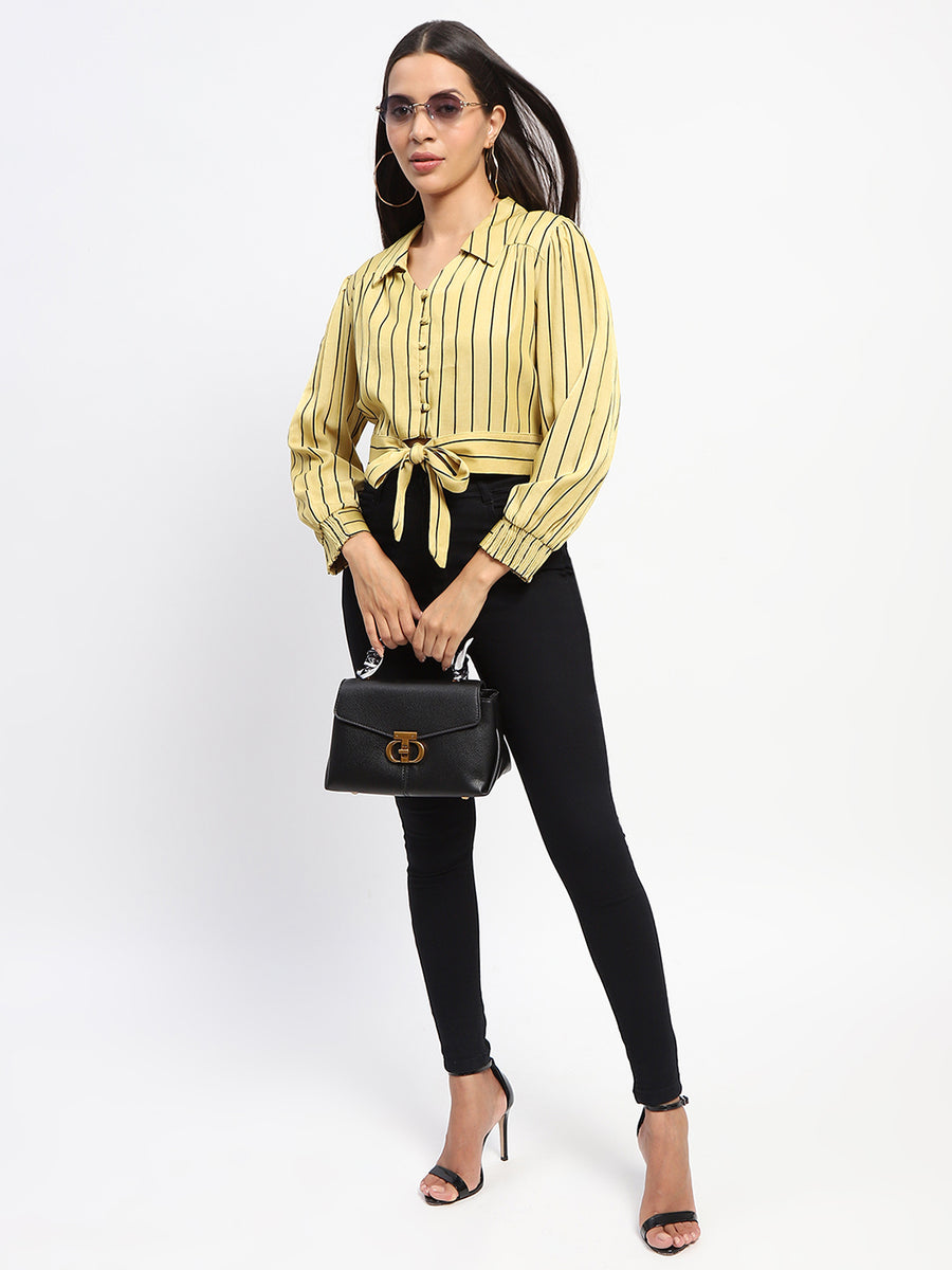 Madame Self Belted Waist Striped Yellow Shirt