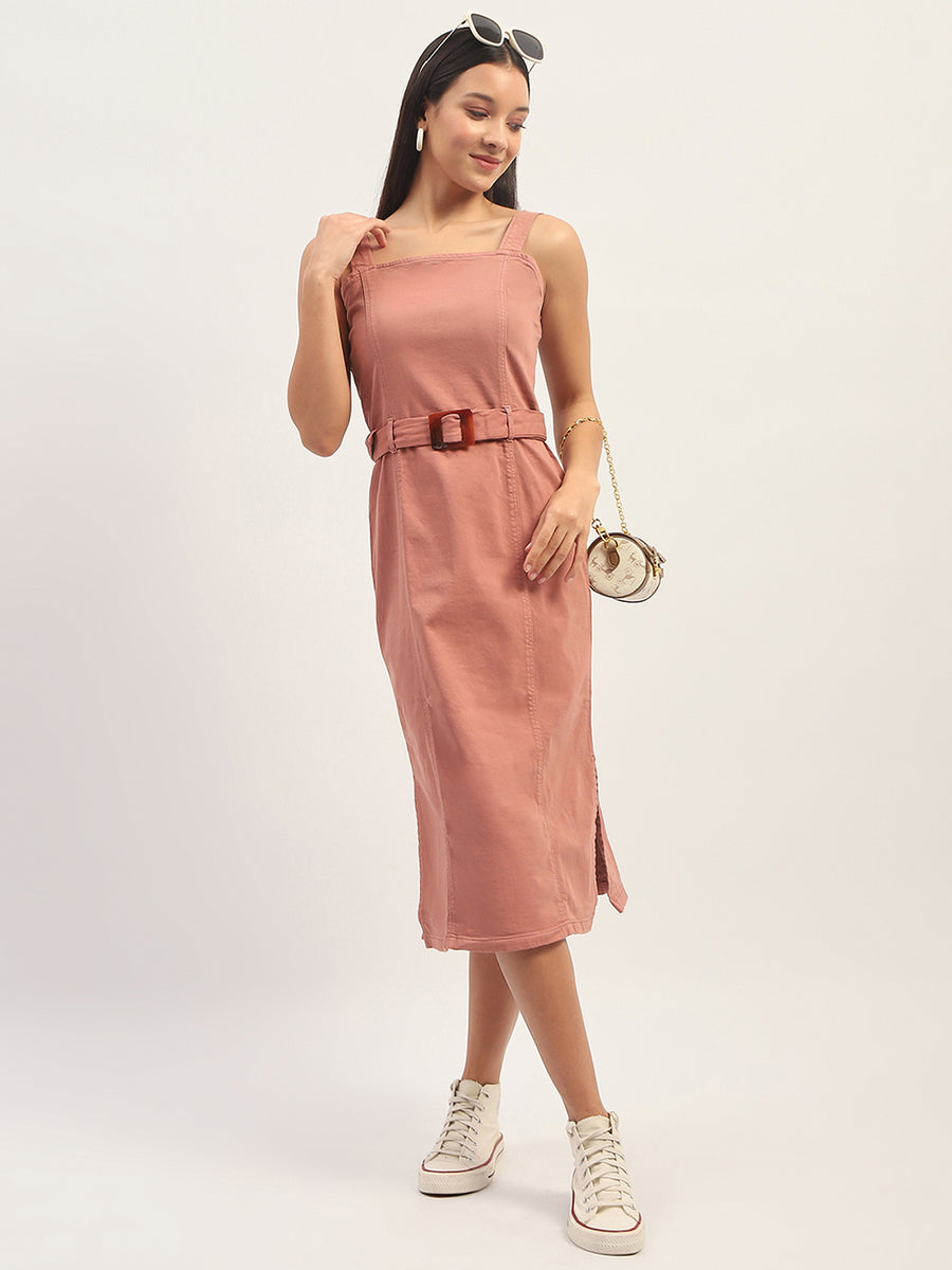 Madame Side Slit Waist Belted Peach Fuzz Midi Dress