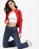 Madame Ribbed Mock Neck Zipped Red Crop Top