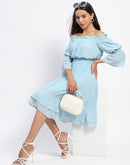 Madame Gathered Waist Off Shoulder Aqua Dress