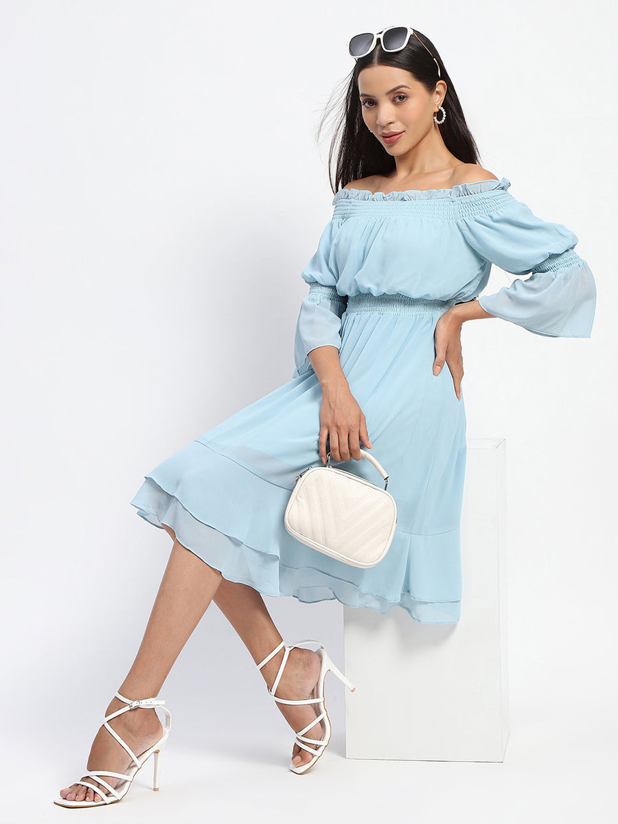 Madame Gathered Waist Off Shoulder Aqua Dress