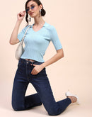 Camla Barcelona Ribbed Collared V Neck Skinny Fit Blue T-shirt