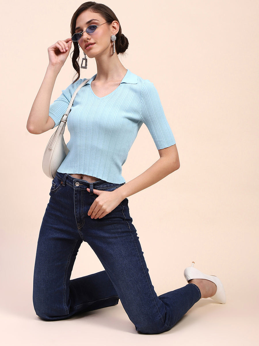 Camla Barcelona Ribbed Collared V Neck Skinny Fit Blue T-shirt