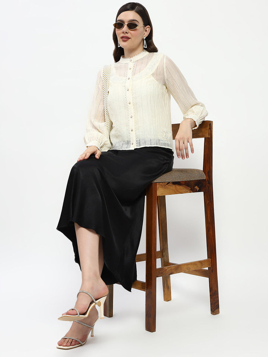 Madame Bridgerton Embroidered Lacework Beige Tencel Shirt