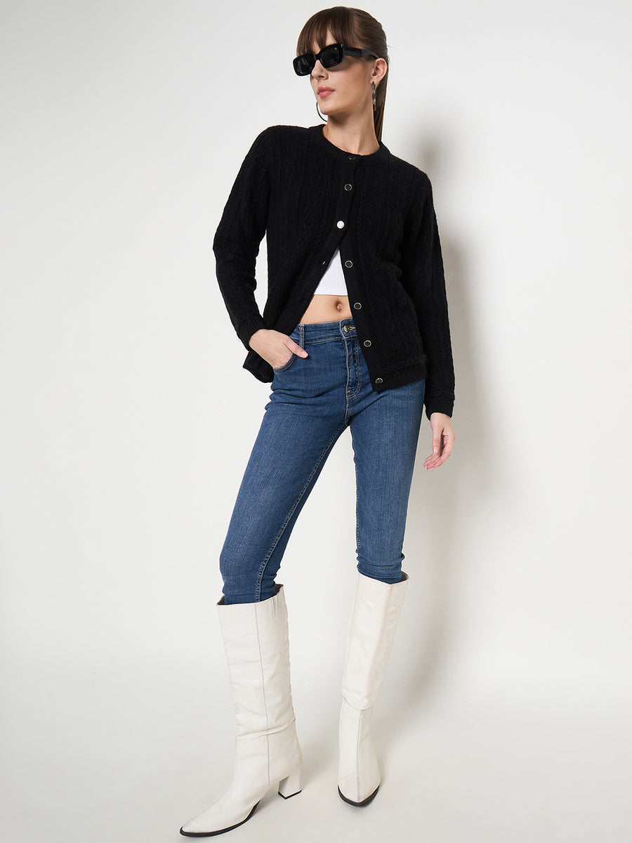 Madame Self Design Crew Neck Black Cardigan