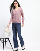 Madame V Neck Buttoned Onion Pink Cardigan