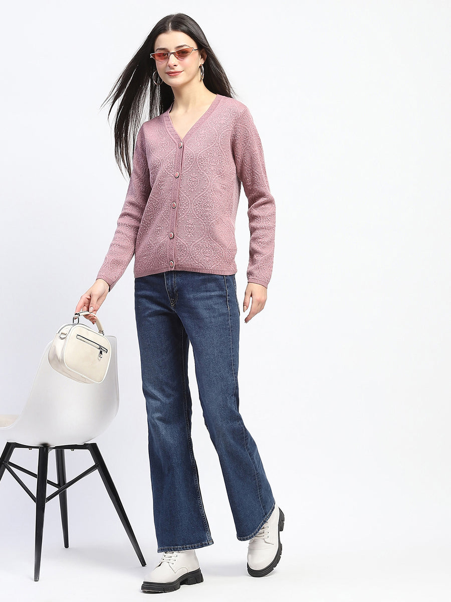 Madame V Neck Buttoned Onion Pink Cardigan