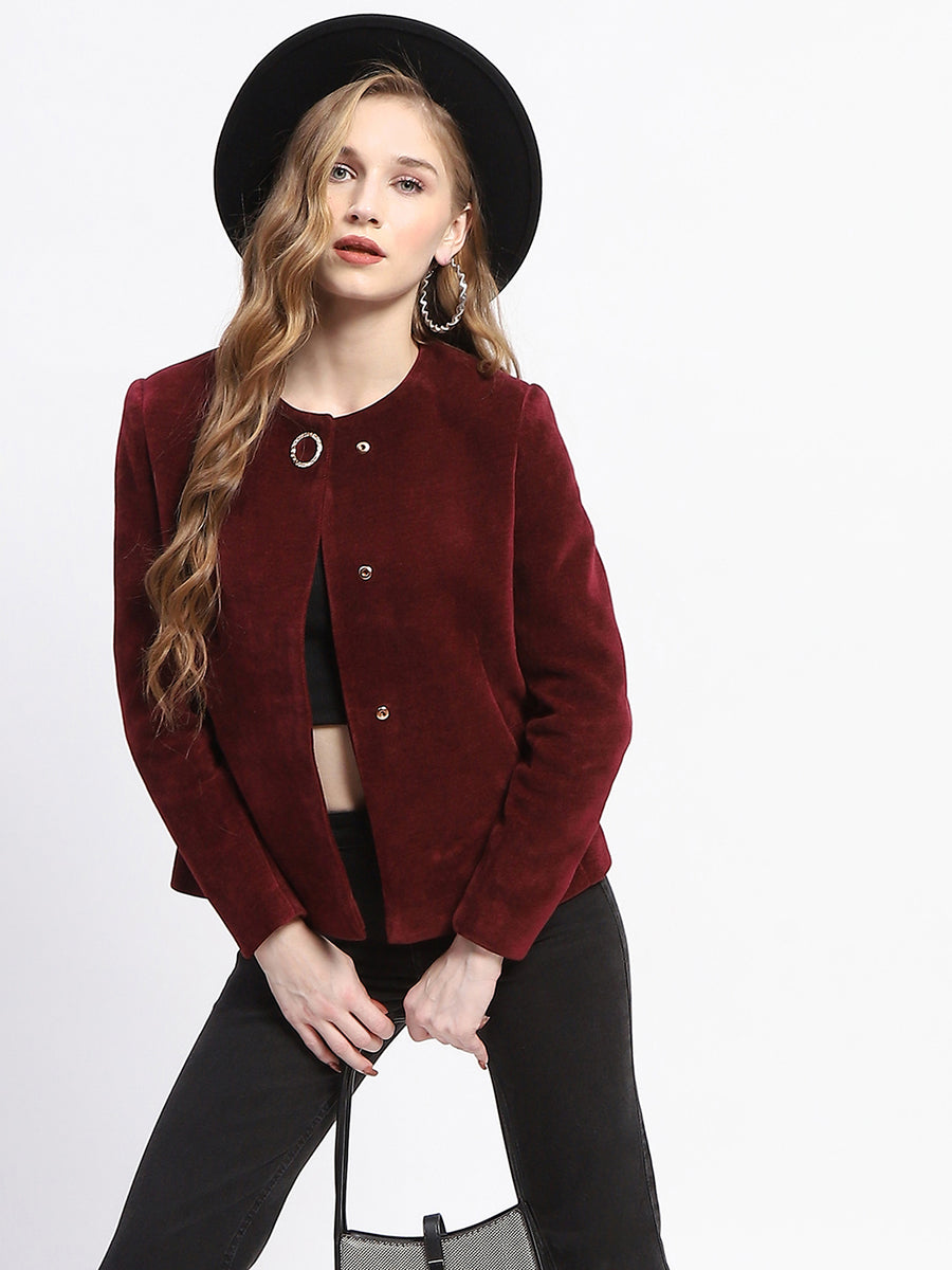 Madame Wine Red Emellished Button Short Coat