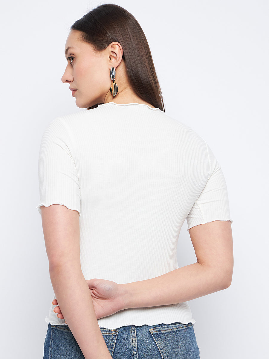 Madame Solid White Lettuce Hem Top