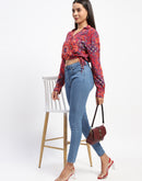 Madame Abstract Print Wrap Style Red Crop Shirt