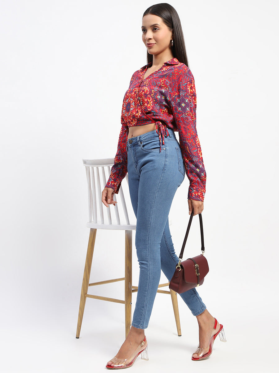 Madame Abstract Print Wrap Style Red Crop Shirt