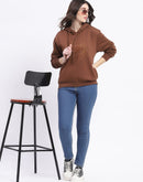 Madame Fleece Embroidered Closed Brown Hooded Sweatshirt For Women