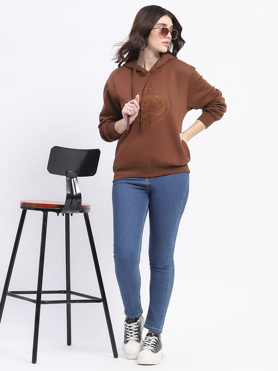 Madame Fleece Embroidered Closed Brown Hooded Sweatshirt For Women