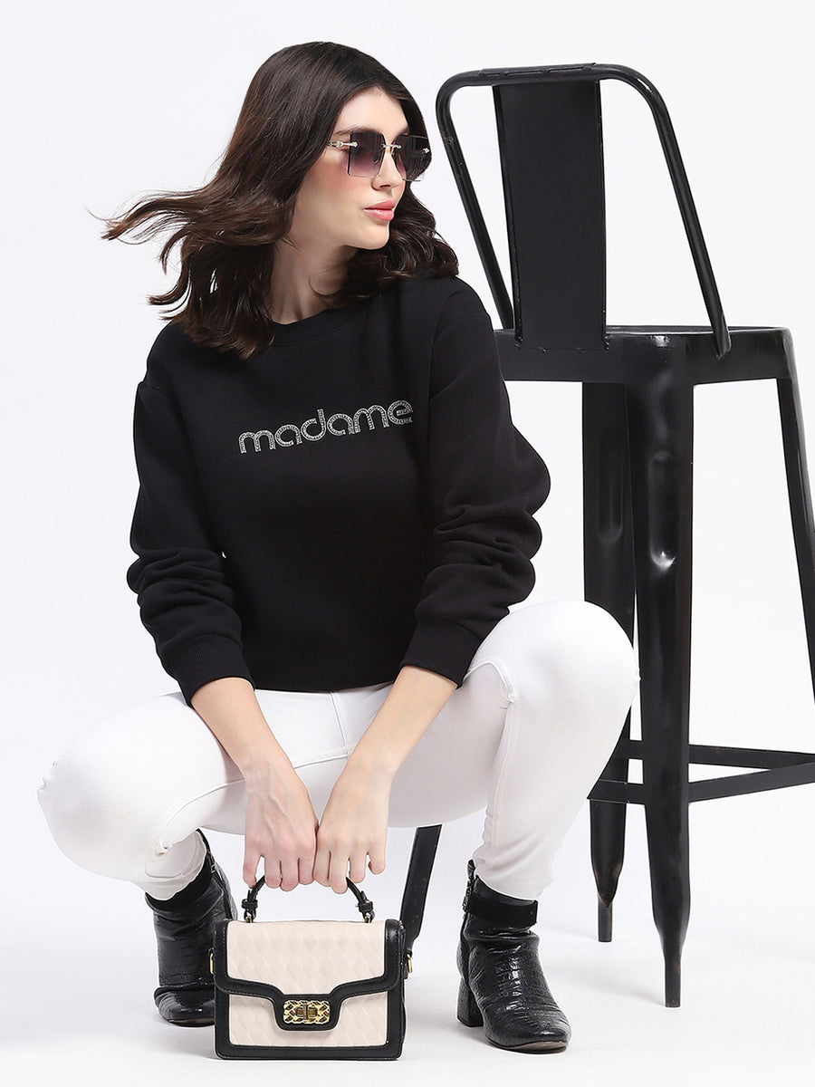 Madame Fleece Handwork And Embroidered Black Sweatshirt  For Women