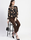 Madame Abstract Print Mock Neck Button Down Black Top