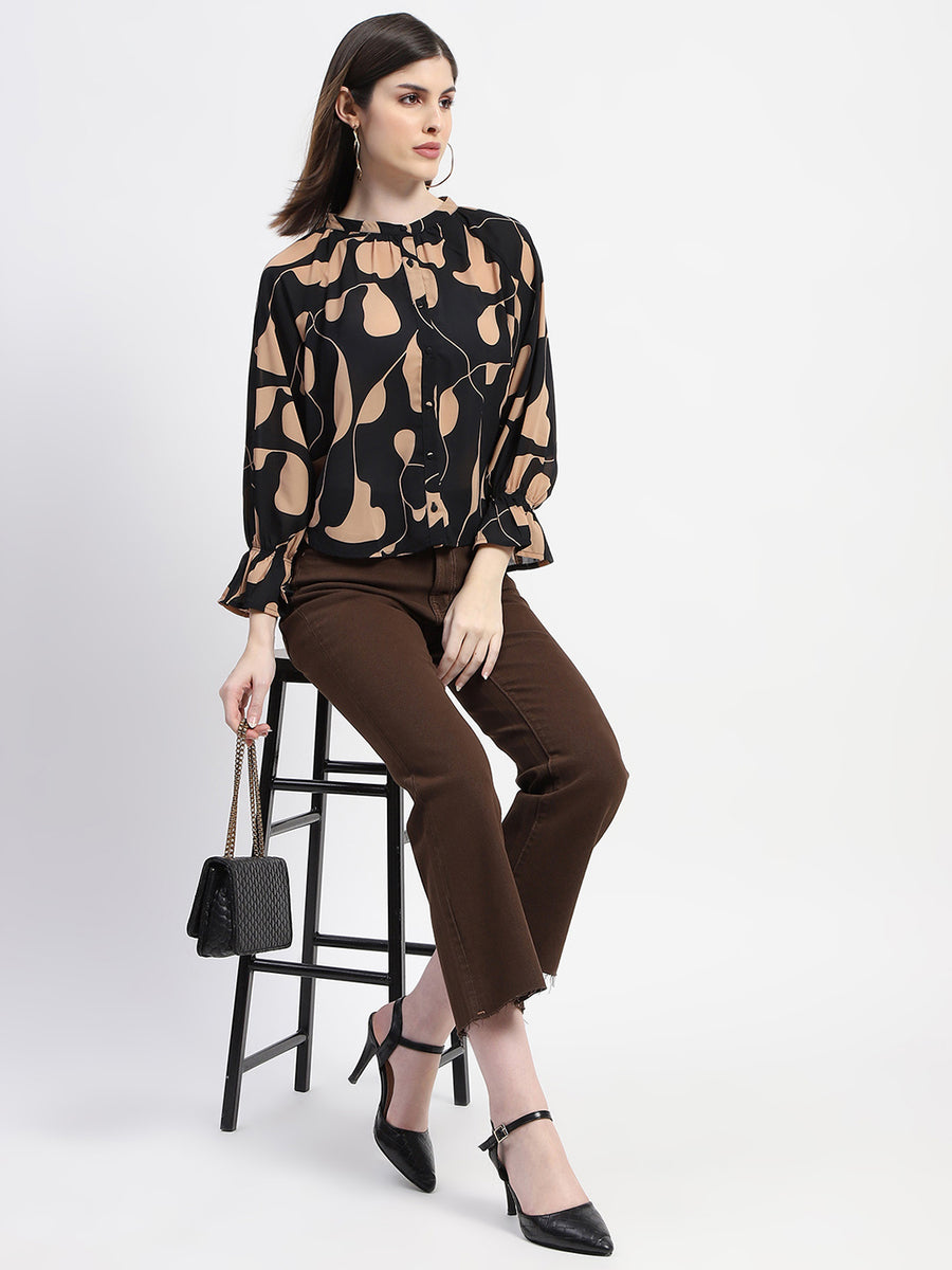 Madame Abstract Print Mock Neck Button Down Black Top