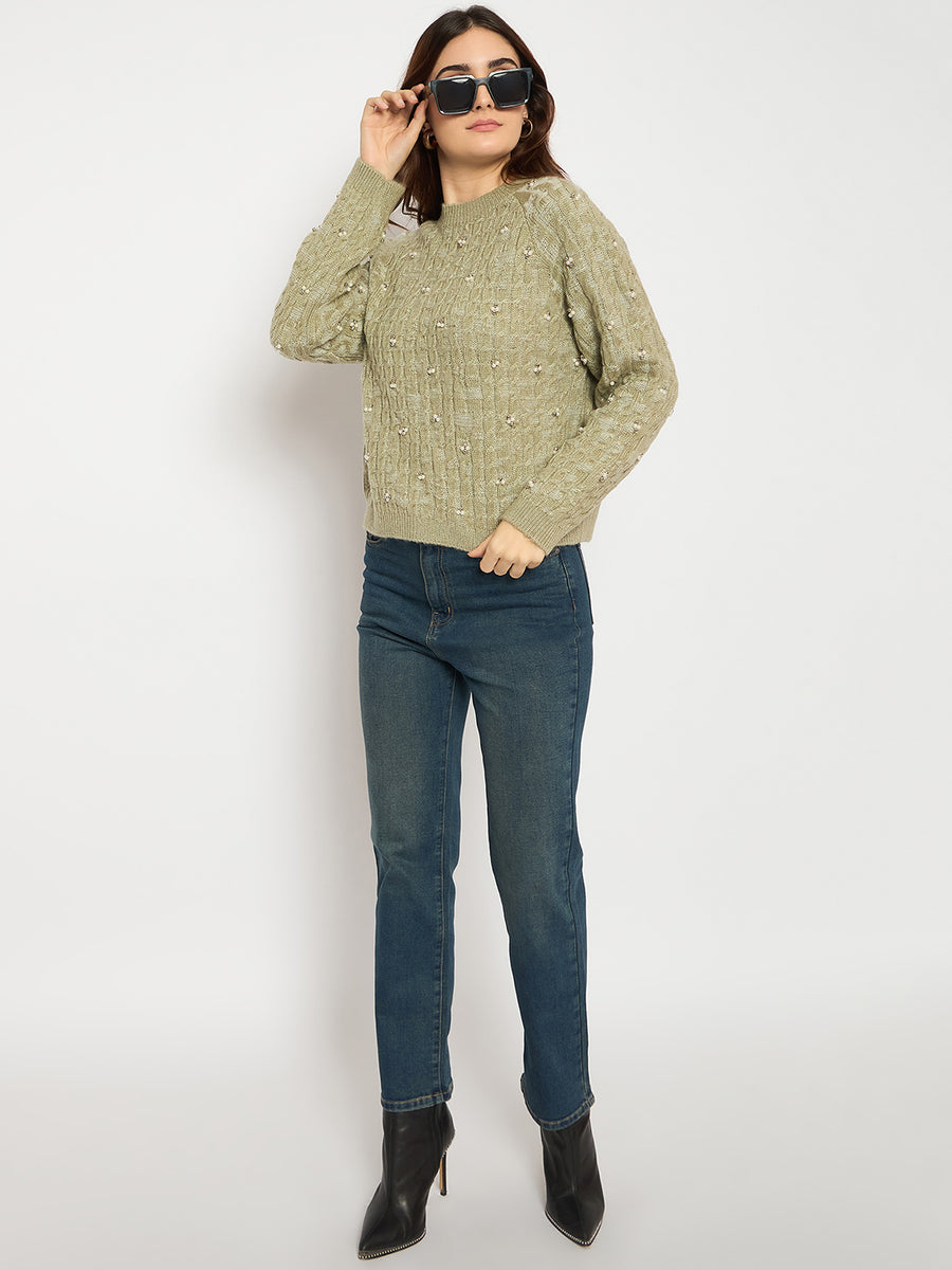 Madame Self Design Round Neck Green Sweater