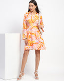 Madame Cinch Waist Abstract Print Bell Sleeves Orange Dress