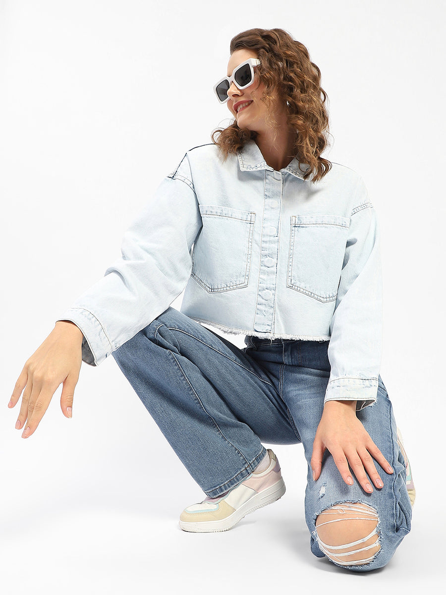 Madame Ice Blue Cropped Denim Shacket