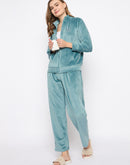 mSECRET Velour Branding Zipped Mint Green Top and Bottom Night Suit