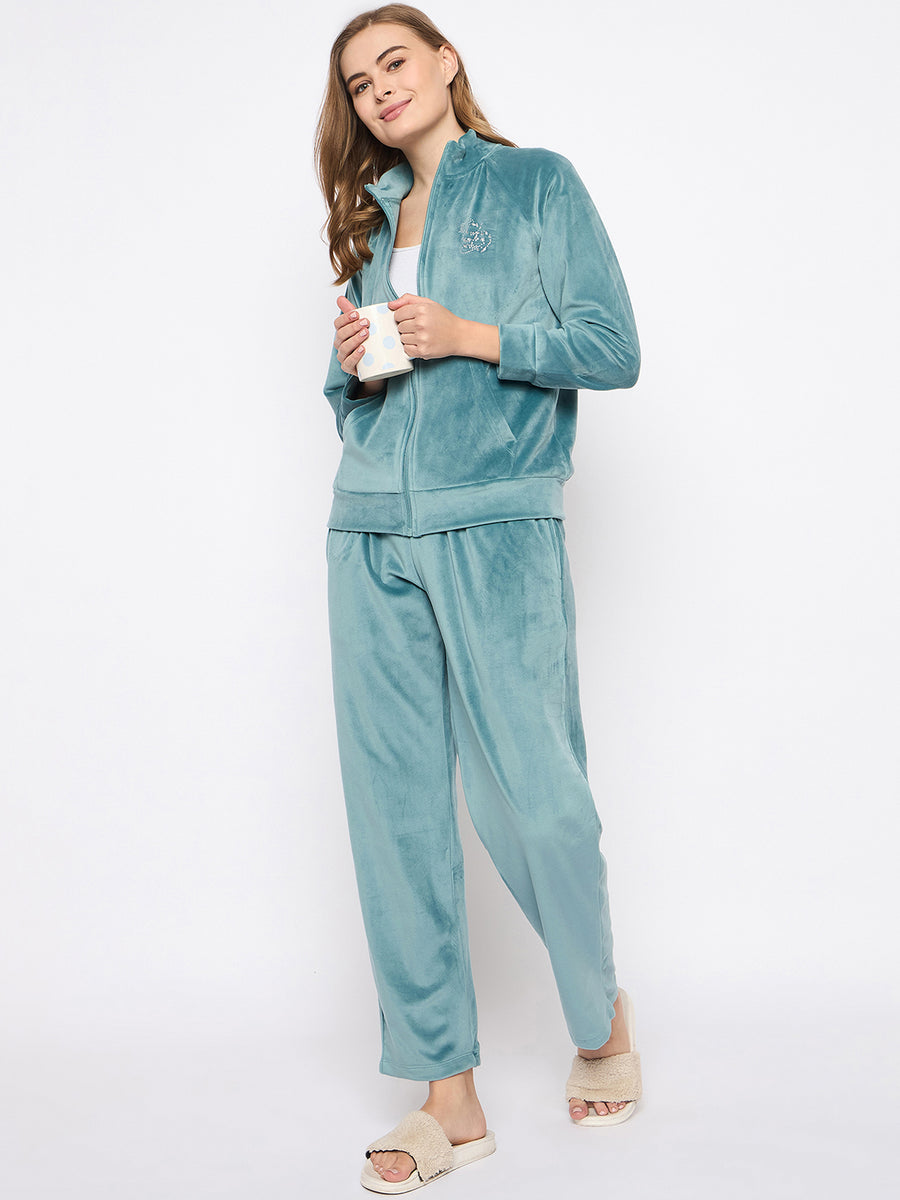 mSECRET Velour Branding Zipped Mint Green Top and Bottom Night Suit