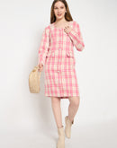 Madame Plaid Square Neck Pink Midi Sheath Dress