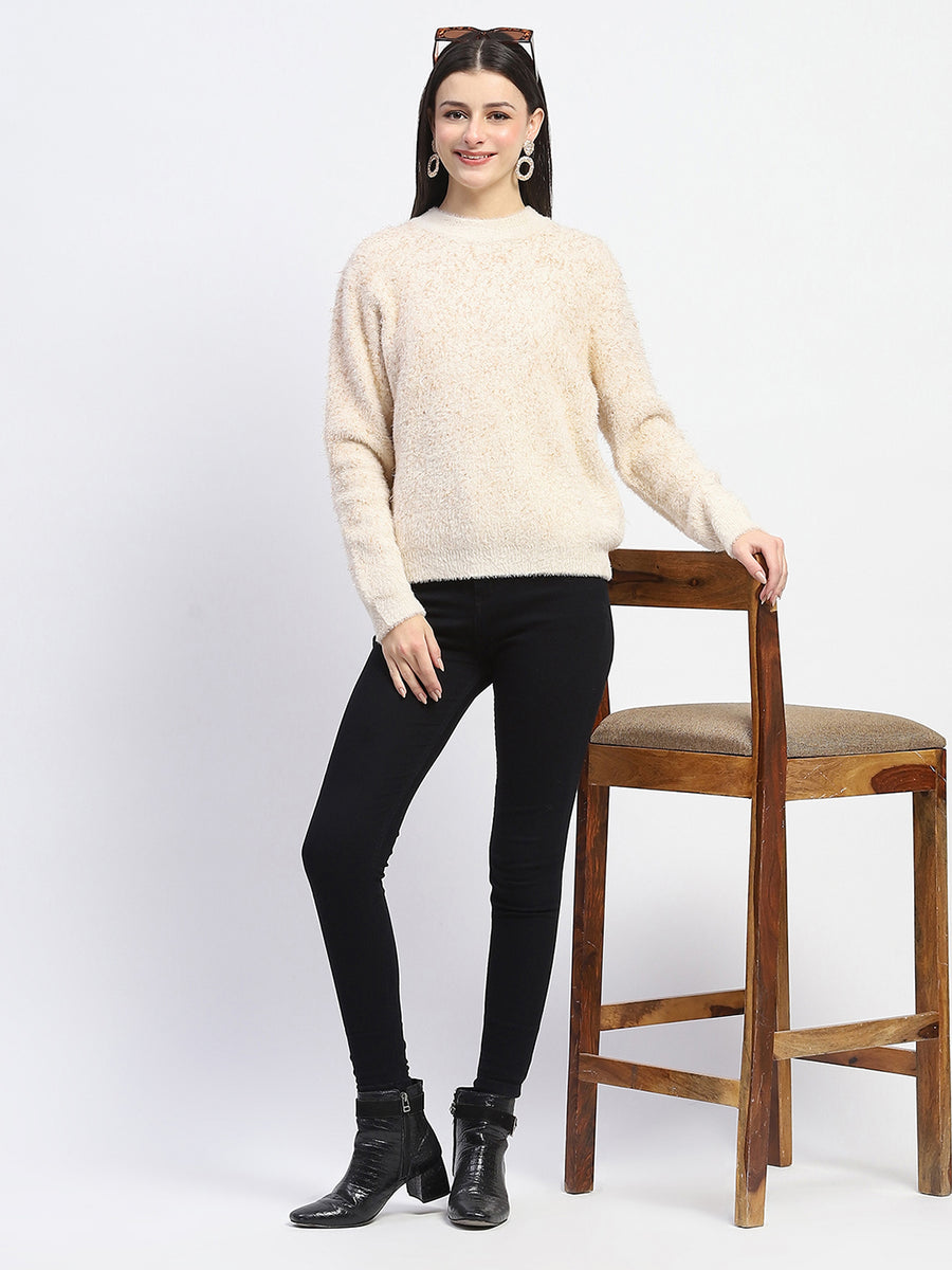 Madame Nylon Blend Full Sleeve Solid Beige Sweater