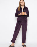 mSECRET Velour Branding Zipped Deep Wine Top and Bottom Night Suit