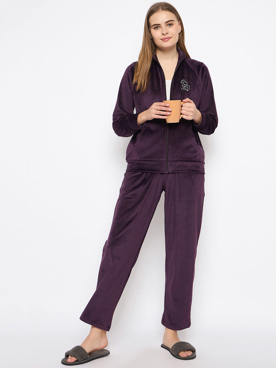 mSECRET Velour Branding Zipped Deep Wine Top and Bottom Night Suit