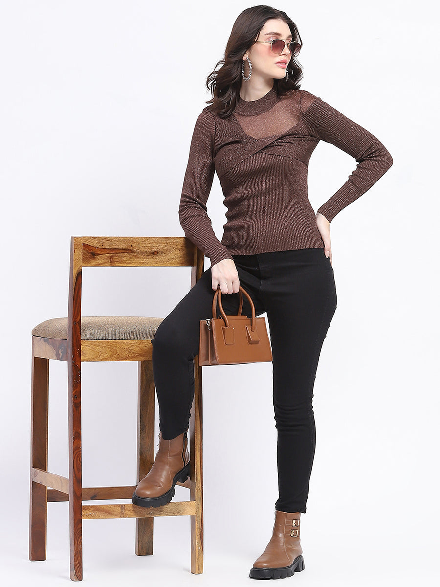 Madame Shimmery Mock Neck Wrap Brown Sweater