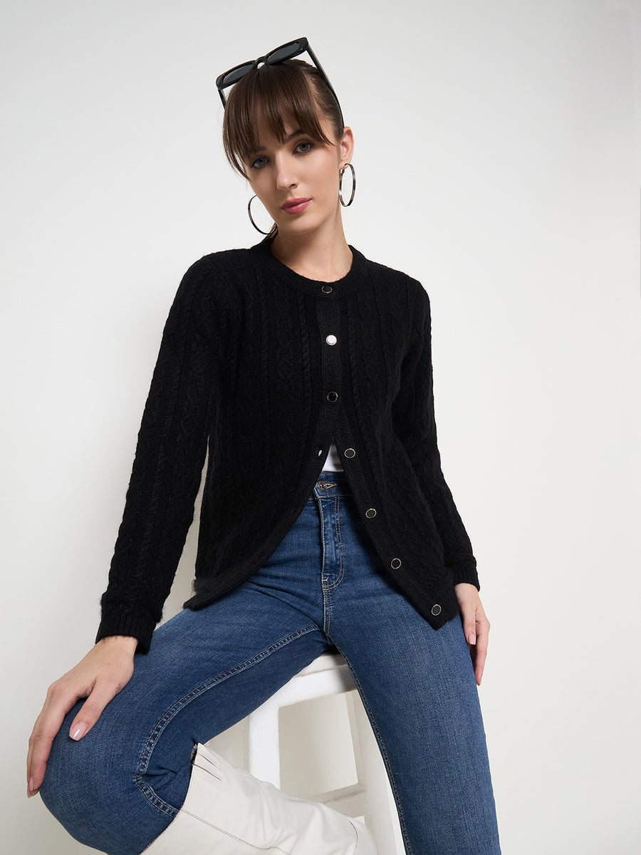 Madame Self Design Crew Neck Black Cardigan