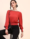 Camla Barcelona Embellished Boat Neck Cinch Waist Red Top