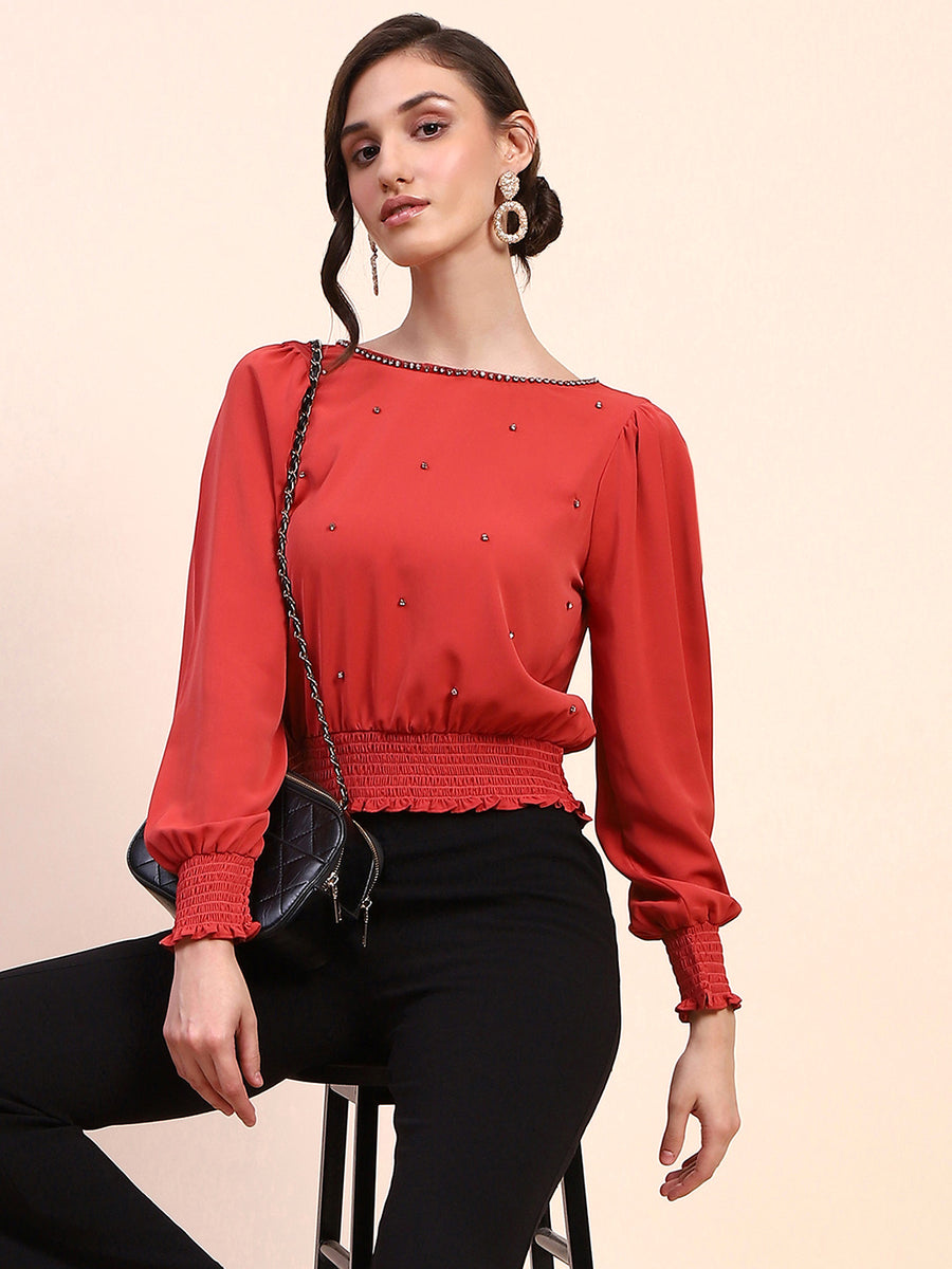 Camla Barcelona Embellished Boat Neck Cinch Waist Red Top