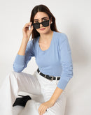 Madame Round Neck Ribbed Cuff Sky Blue Sweater