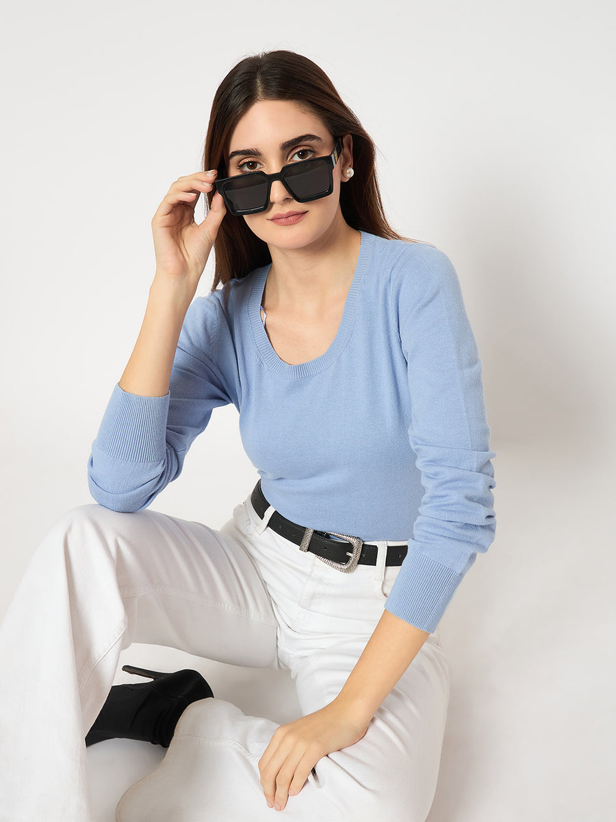 Madame Round Neck Ribbed Cuff Sky Blue Sweater