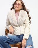 Madame Shanaya Kapoor Off White Faux Fur Trim Leather Jacket