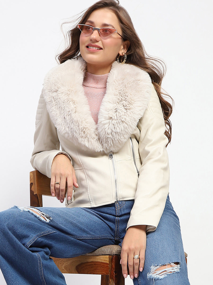 Madame Shanaya Kapoor Off White Faux Fur Trim Leather Jacket