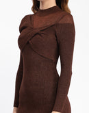 Madame Twisted Detailing Ribbed Bodycon Brown Dress