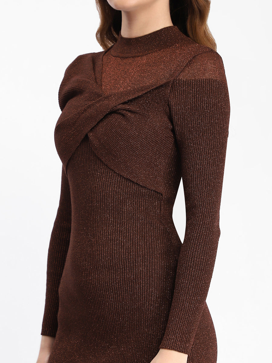 Madame Twisted Detailing Ribbed Bodycon Brown Dress