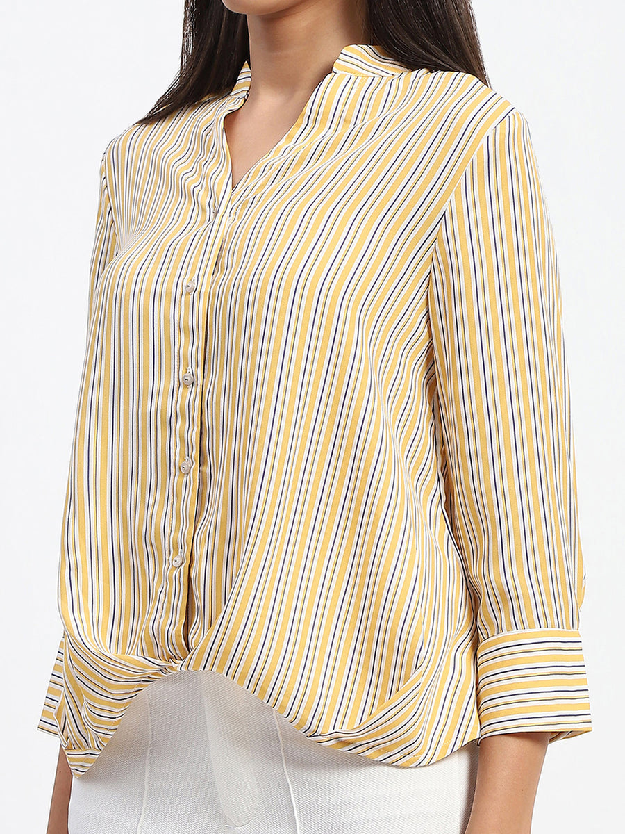 Madame Striped Mandarin Collar Button Down Shirt