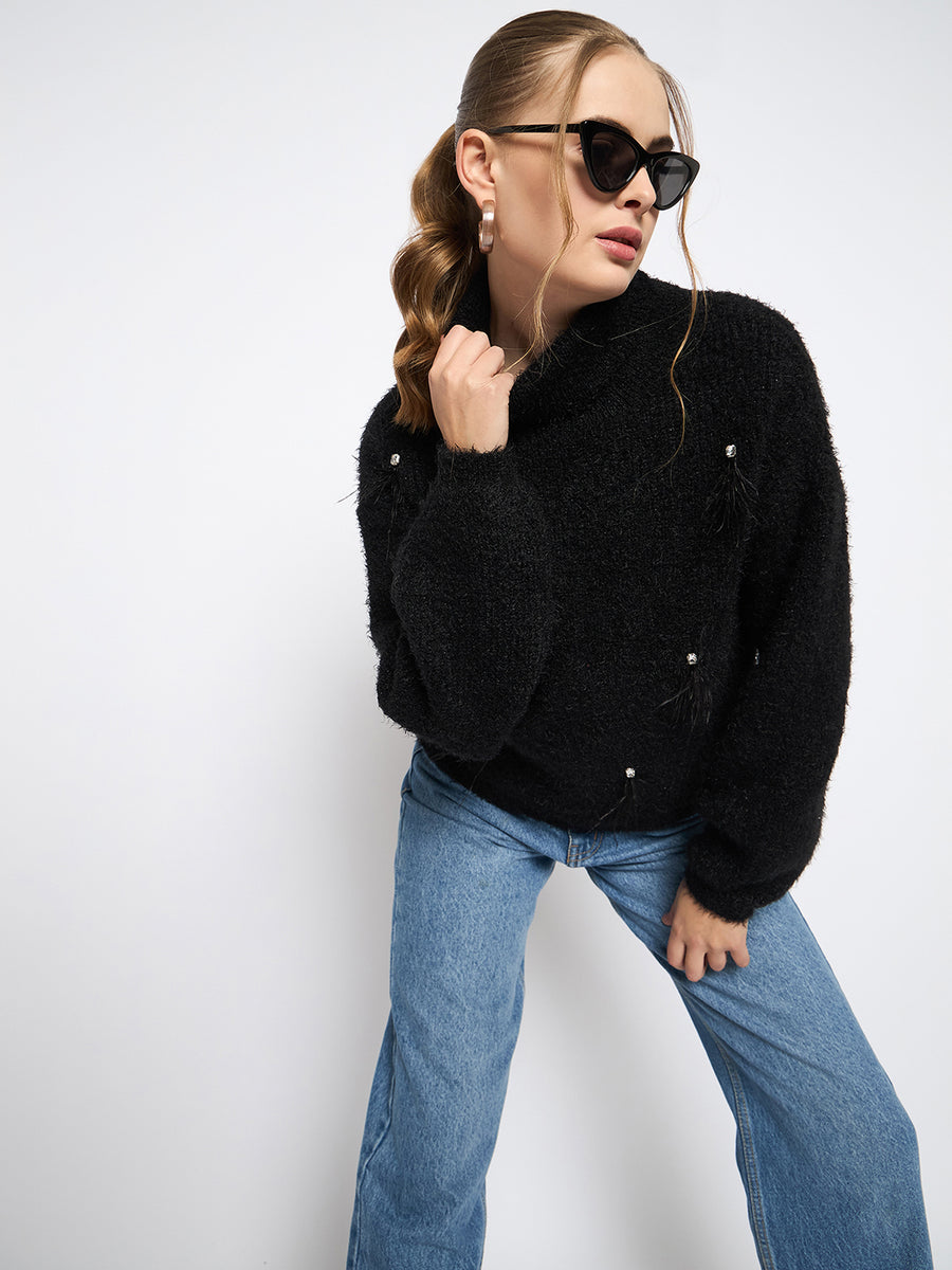 Madame Embellished Turtleneck Black Sweater