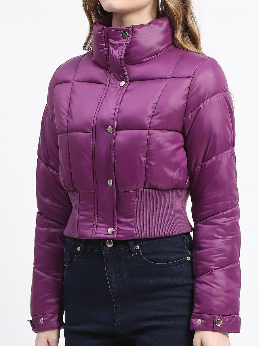 Madame Cropped Purple Quilted Puffer High Neck Jacket