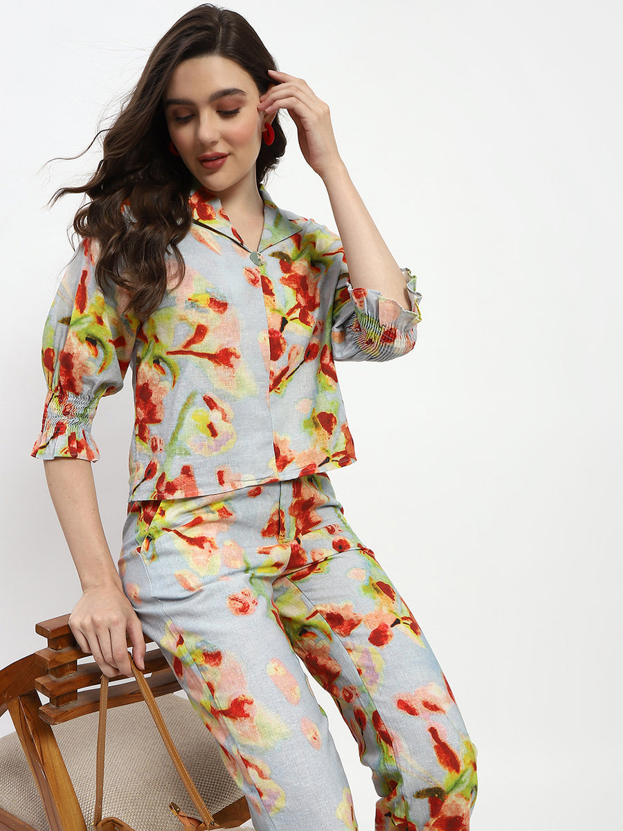 Madame Floral Print Cotton And Linen Teal Co-Ord Set