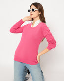 Madame Round Neck Ribbed Cuff Coral Sweater