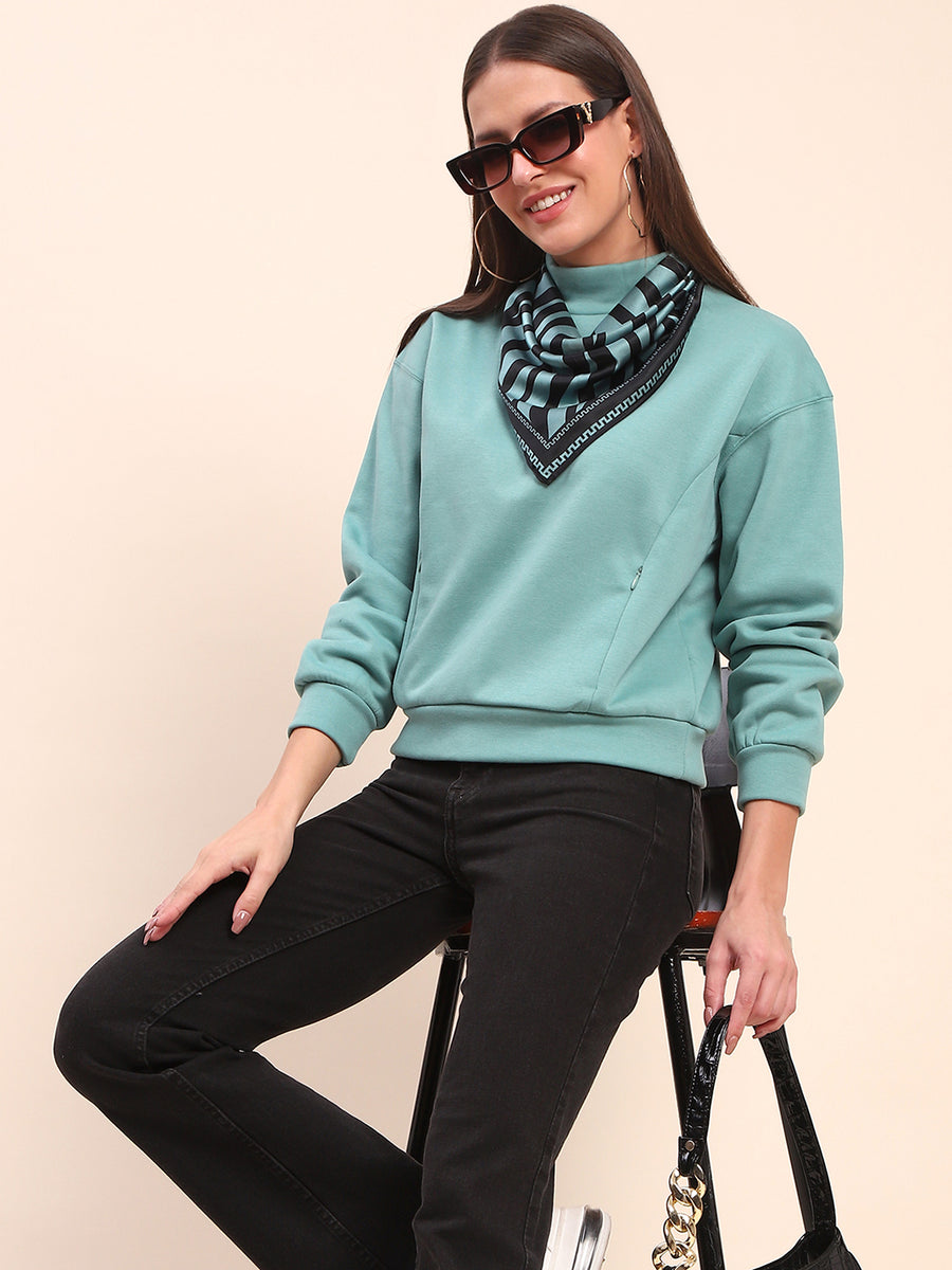 Camla Barcelona Cotton High Neck Sea Green Sweatshirt