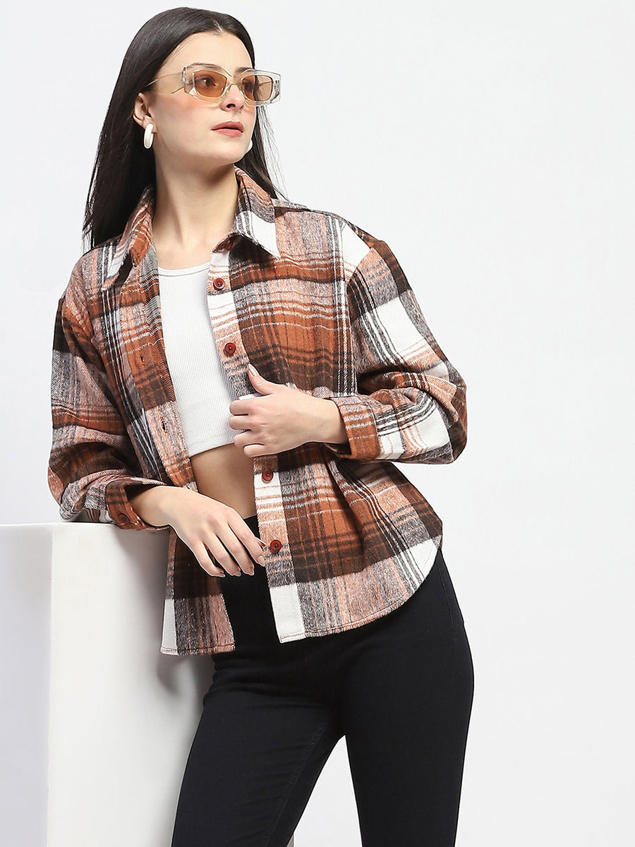 Madame Plaid Pattern Collared Brown Shacket