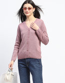 Madame V Neck Buttoned Onion Pink Cardigan