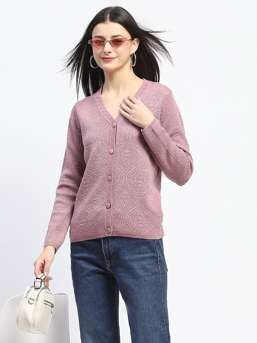 Madame V Neck Buttoned Onion Pink Cardigan