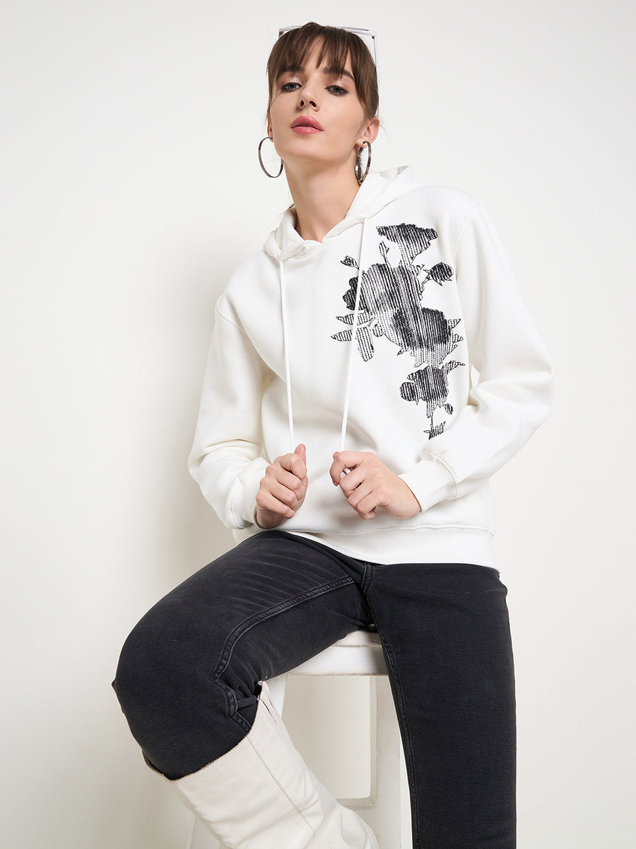 Madame Floral Print Adorned Cotton Blend White Sweatshirt